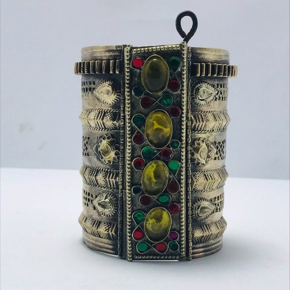 single Golden Tribal Cuff Bracelet With Big Glass Stones, Vintage Boho Cuff - Picture 4 of 4